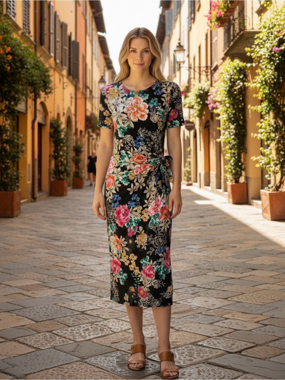 Johnny Was Floral Tie-Waist Midi Dress in Black with Multicolor Blooms